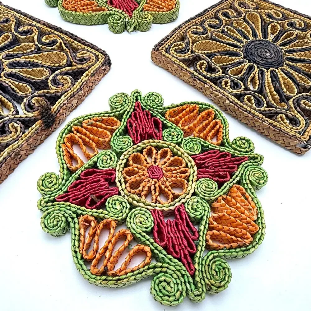 Vintage 1970s Boho Woven Trivets Lot 4 Colorful Hippie Wall Hanging Raffia Straw